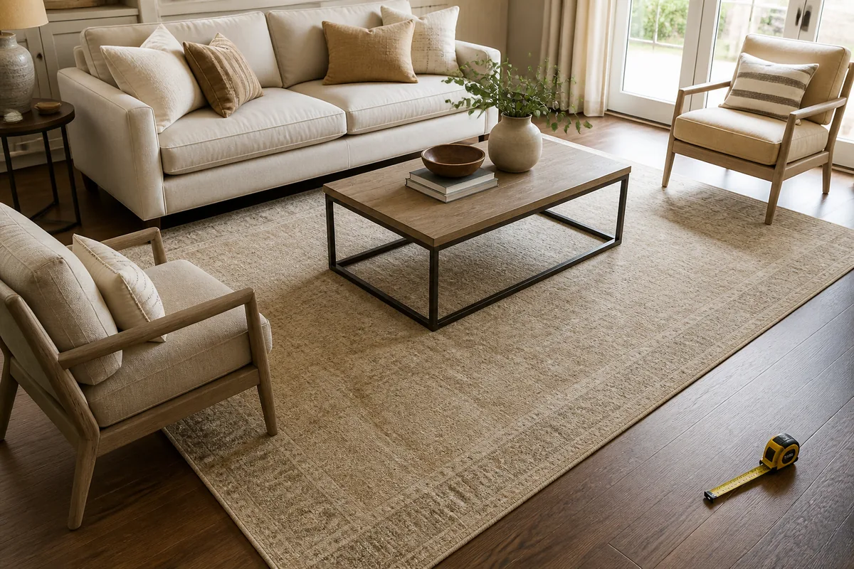 Warm neutral area rug extending beneath the front legs of living-room furniture
