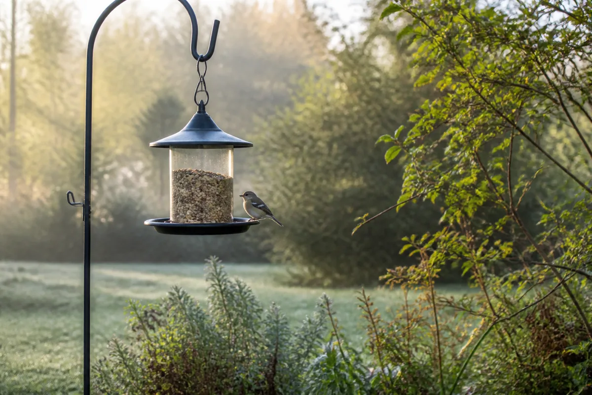 Easy-clean hanging bird feeder with a small songbird near garden shrubs