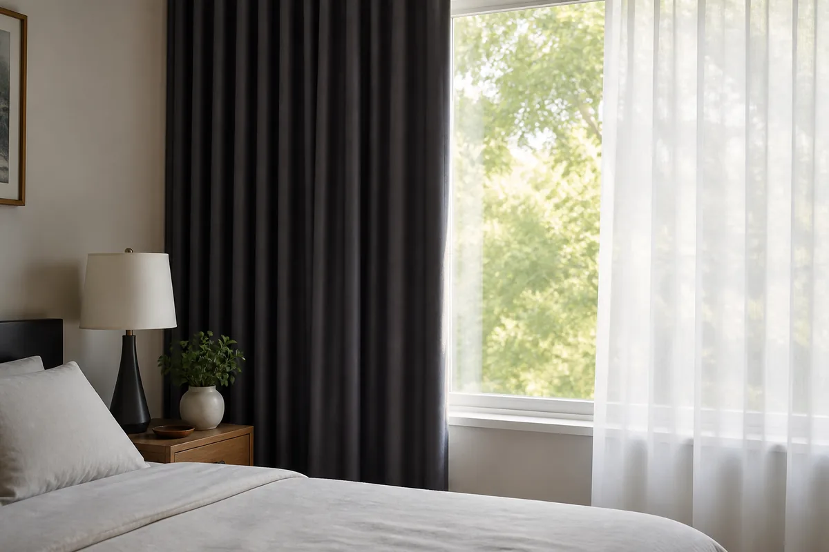 Bedroom window with a blackout curtain partly closed over a sheer panel