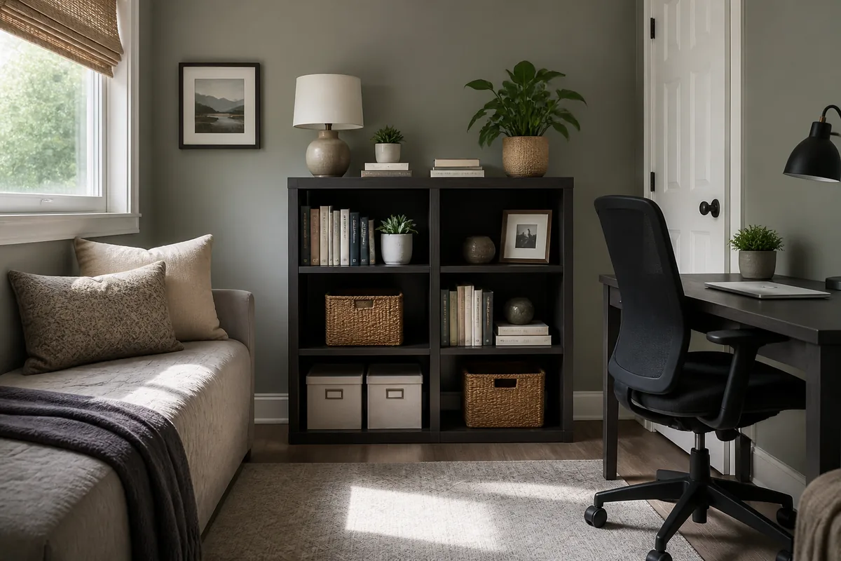 Medium-height bookcase organizing books and baskets in a guest-room office