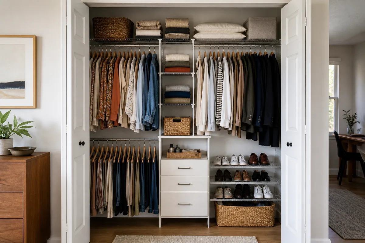 Reach-in closet with adjustable shelves, baskets, rails, and breathing room