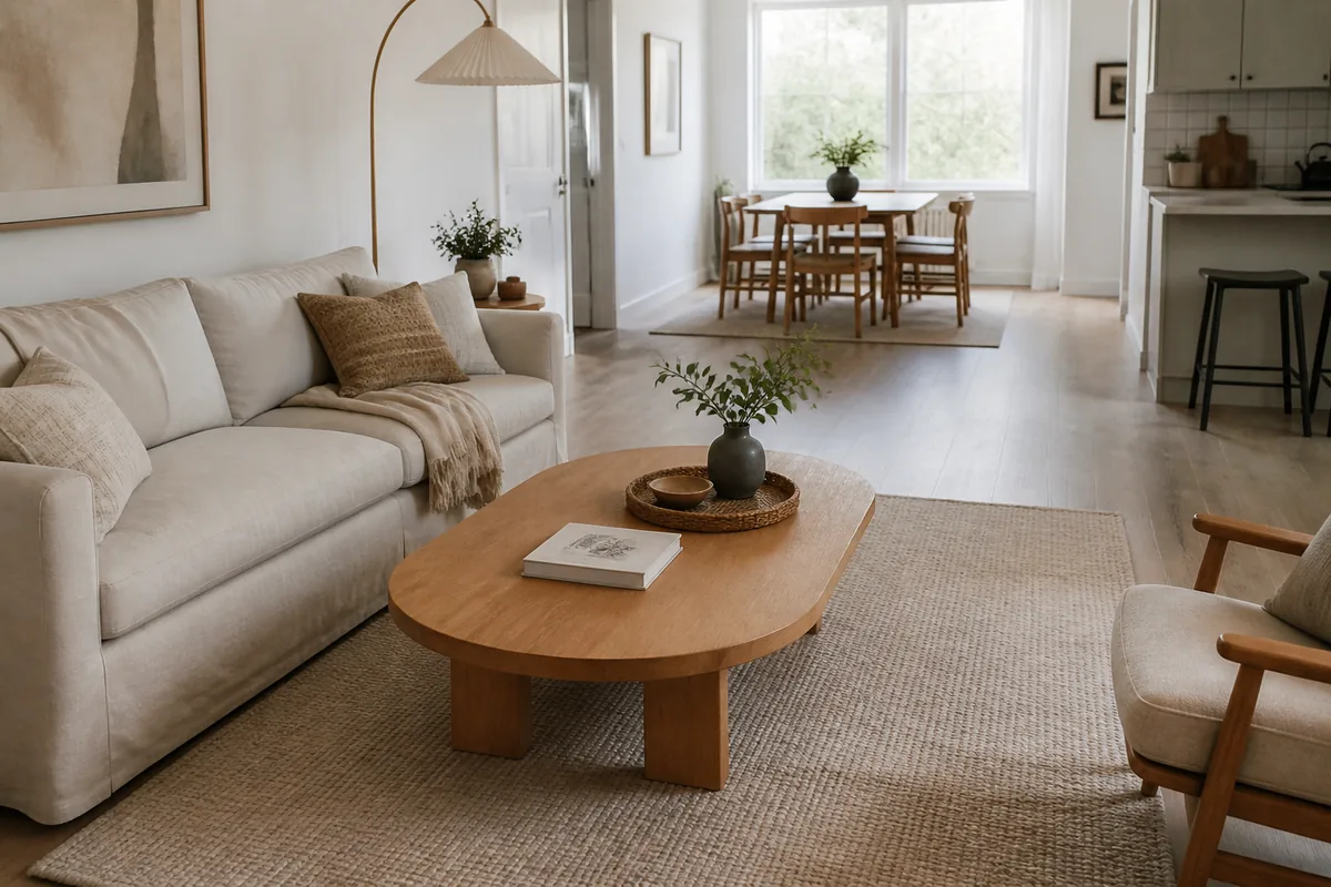 Rounded oak coffee table with a tray in a lived-in open-plan living room