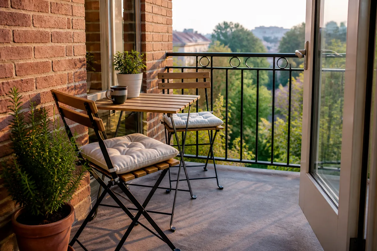 Foldable bistro set with herbs on a small city balcony