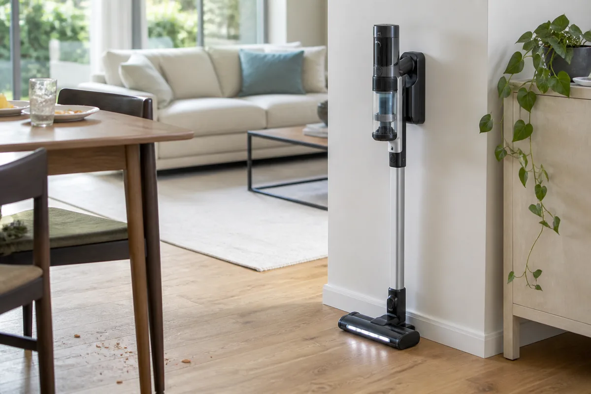 Cordless stick vacuum beside mixed hard floor and rug in a family living room
