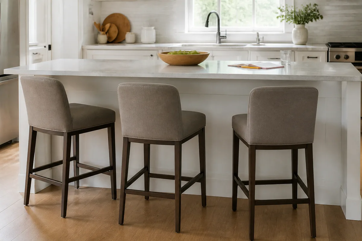 Three supportive counter stools at a bright family kitchen island