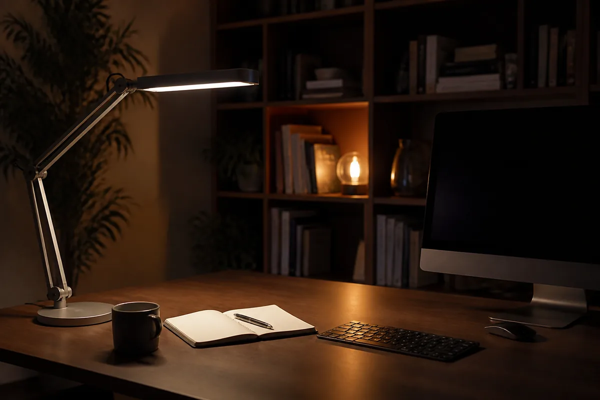 Adjustable desk lamp lighting a notebook beside a keyboard in an evening workspace