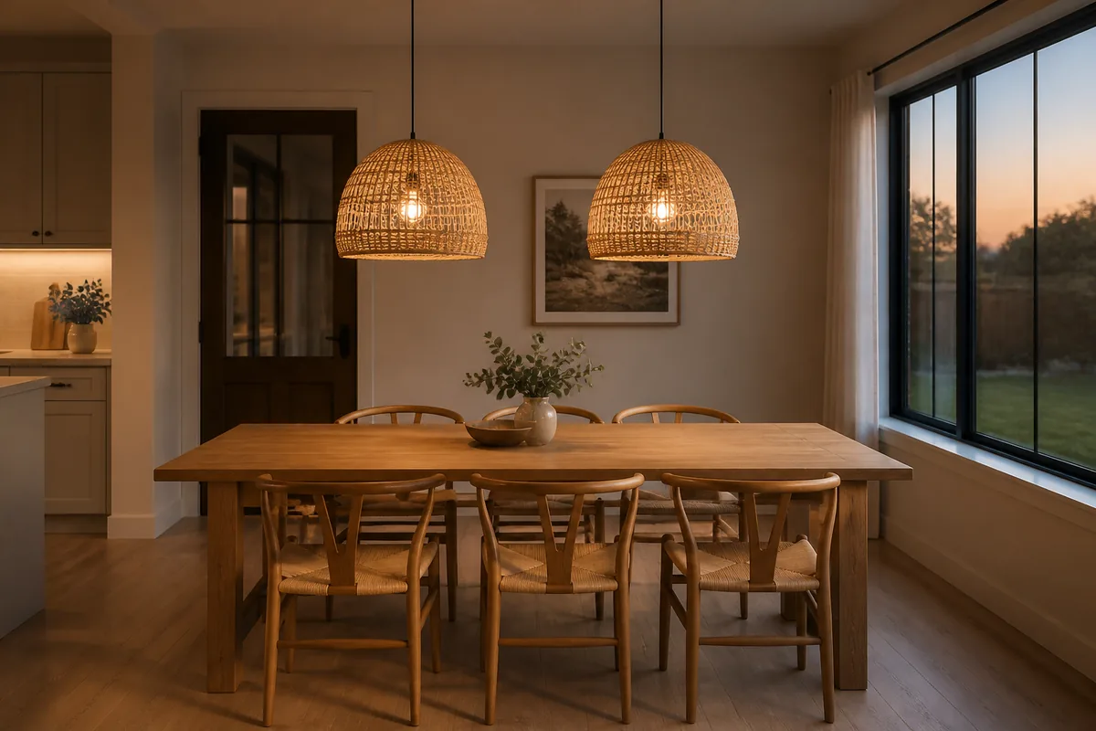 Two woven pendant lights glowing above an oak dining table at dusk