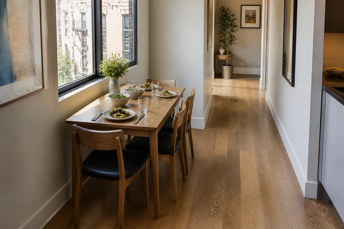 Slim oak dining table with four chairs in a narrow sunlit dining area
