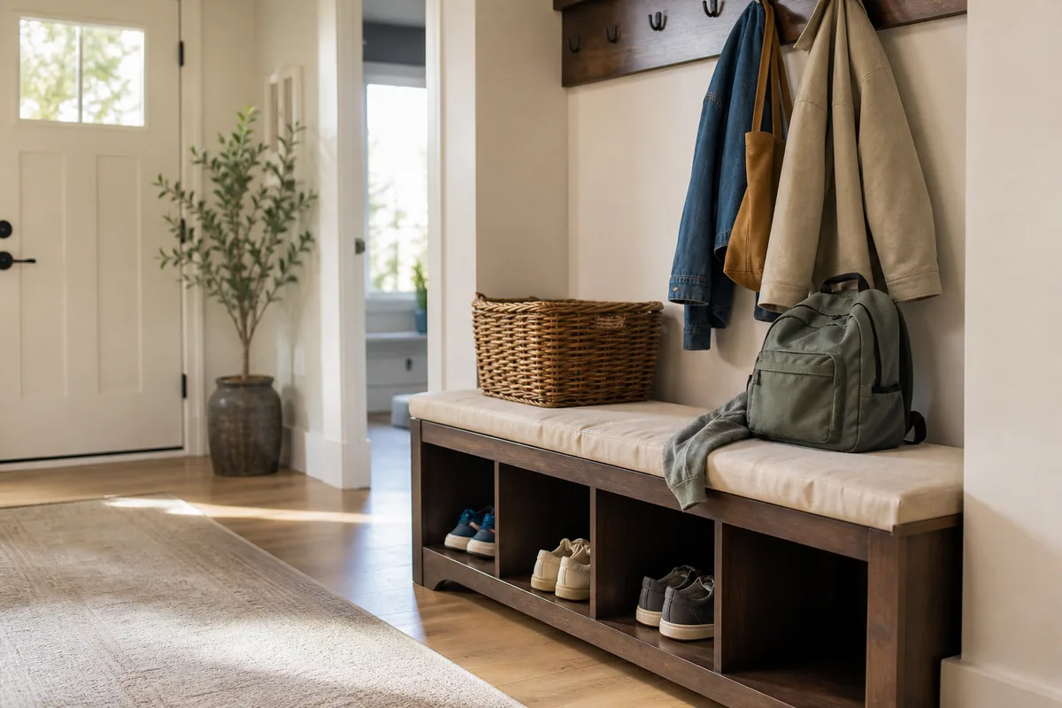 Storage bench with shoe cubbies and backpacks in a family mudroom