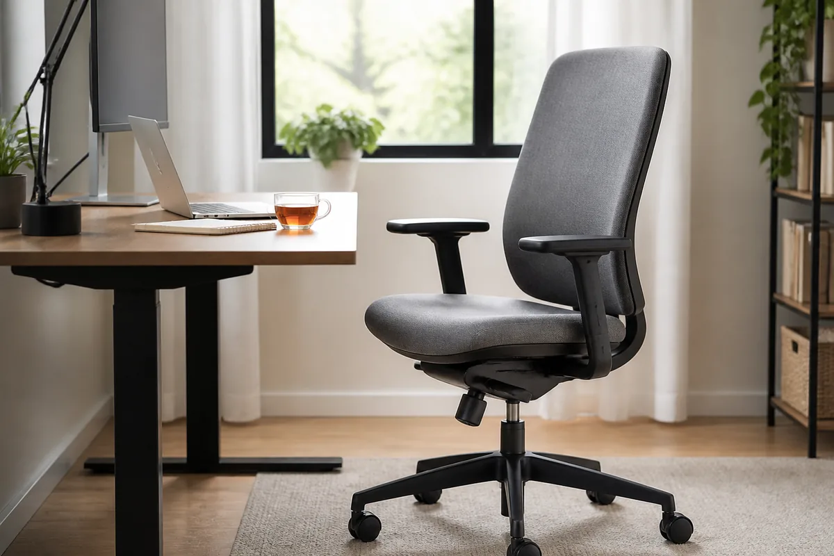 Adjustable fabric office chair aligned with a practical home desk