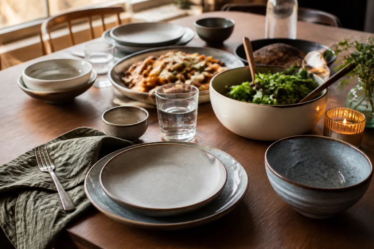 Mix-and-match stoneware place settings on a relaxed family dinner table