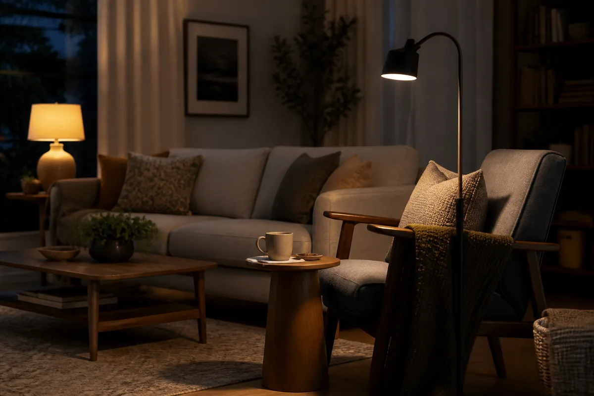Slim floor lamp illuminating a reading chair in a lived-in room at dusk