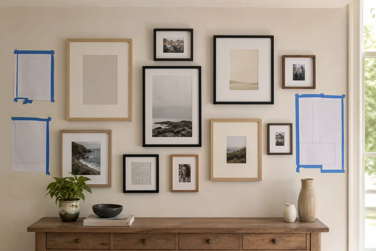 Balanced gallery wall above a console with paper planning templates nearby