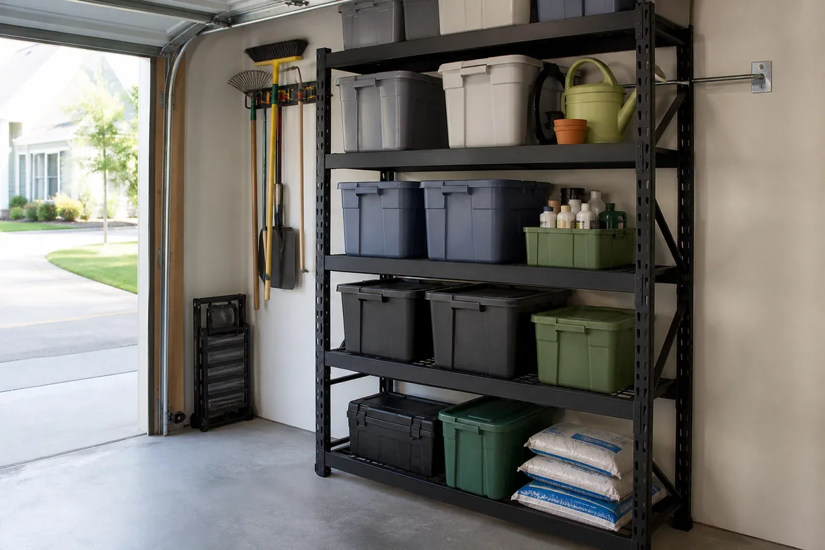 Anchored garage shelving with heavy bins low and a clear floor path