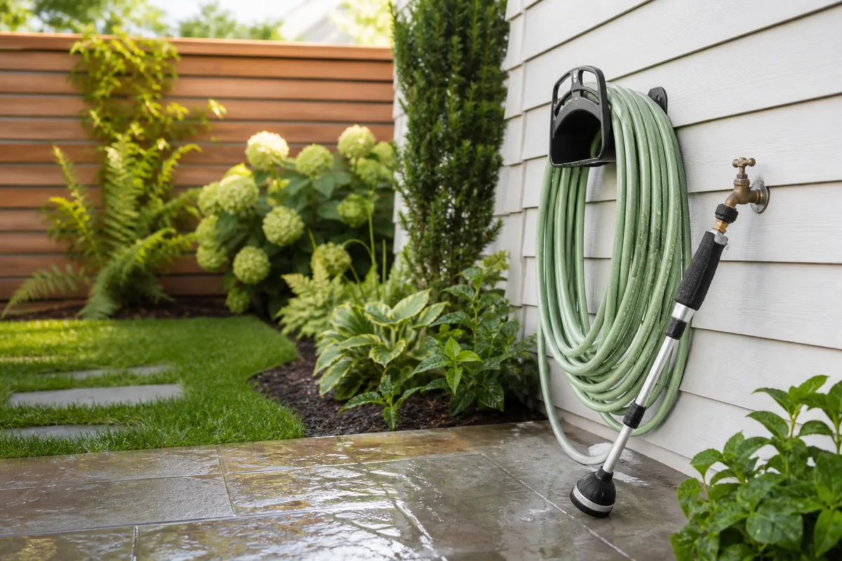 Flexible garden hose on a wall hanger beside a watered planting bed