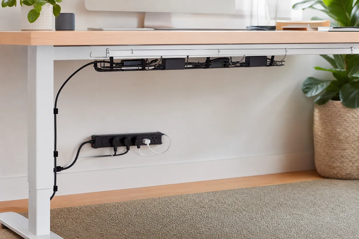 Under-desk cable tray and reusable ties in a tidy home office