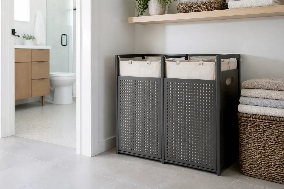 Two-section breathable laundry hamper in a bright practical laundry nook