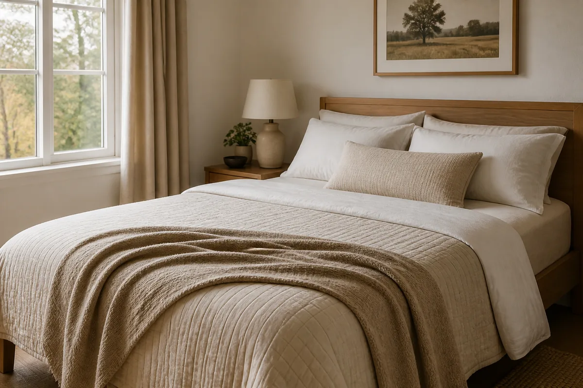 Guest bed layered with cotton sheet, lightweight quilt, and textured throw