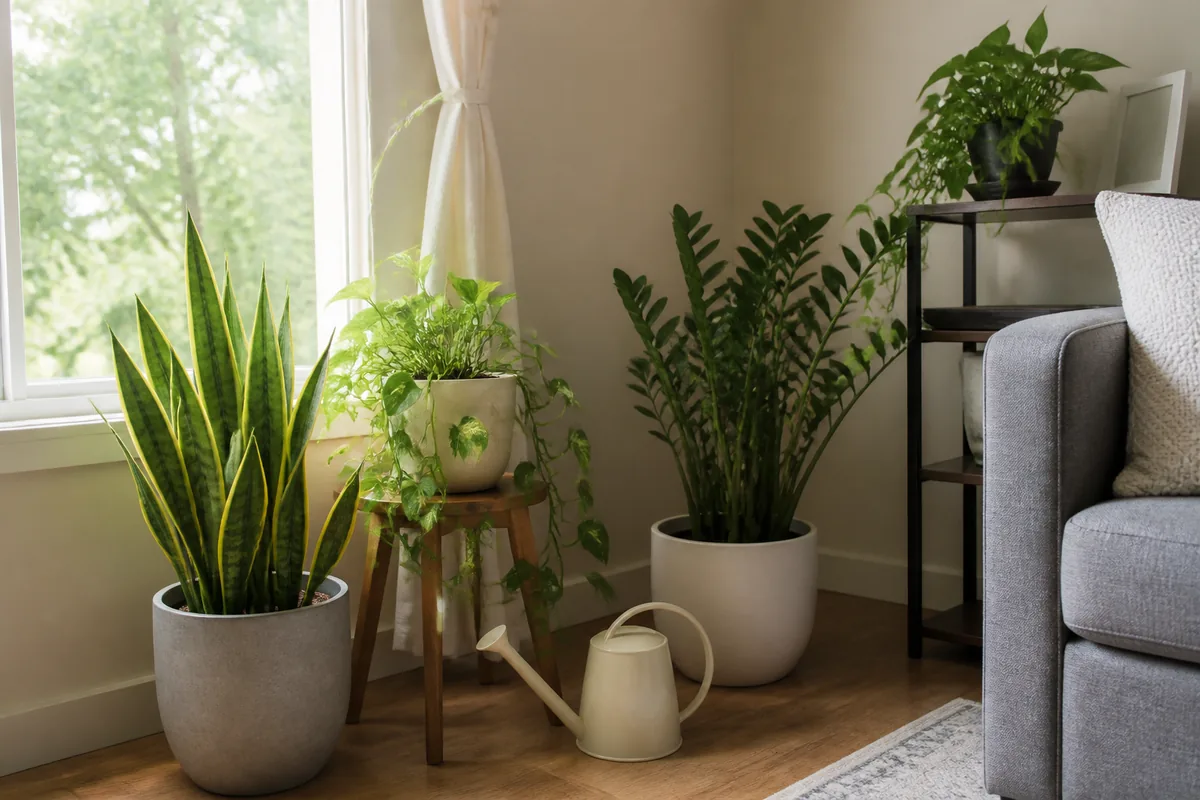 Snake plant, pothos, and ZZ plant arranged at different distances from a window