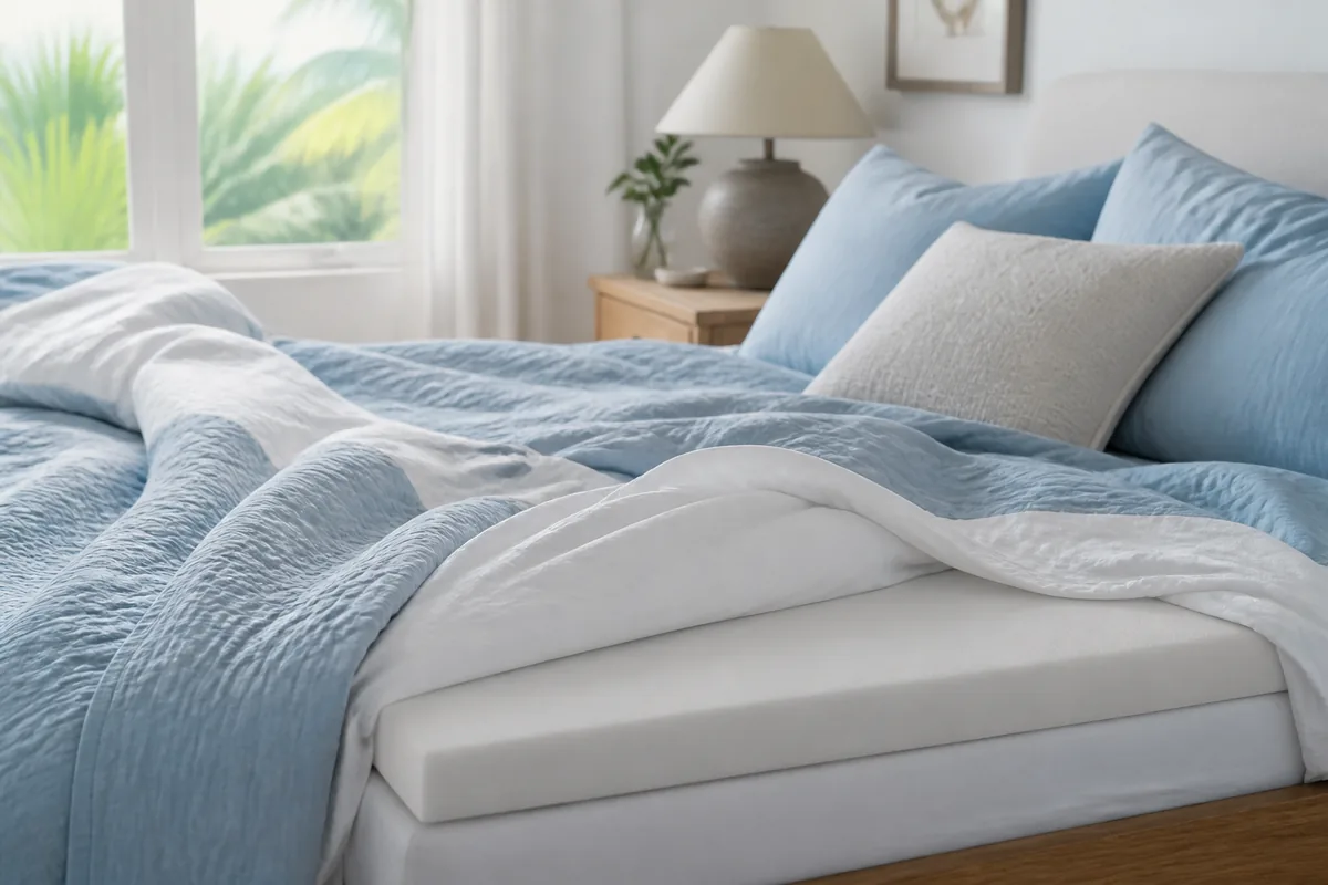 Airy summer bed with the corner turned down to show a breathable topper layer