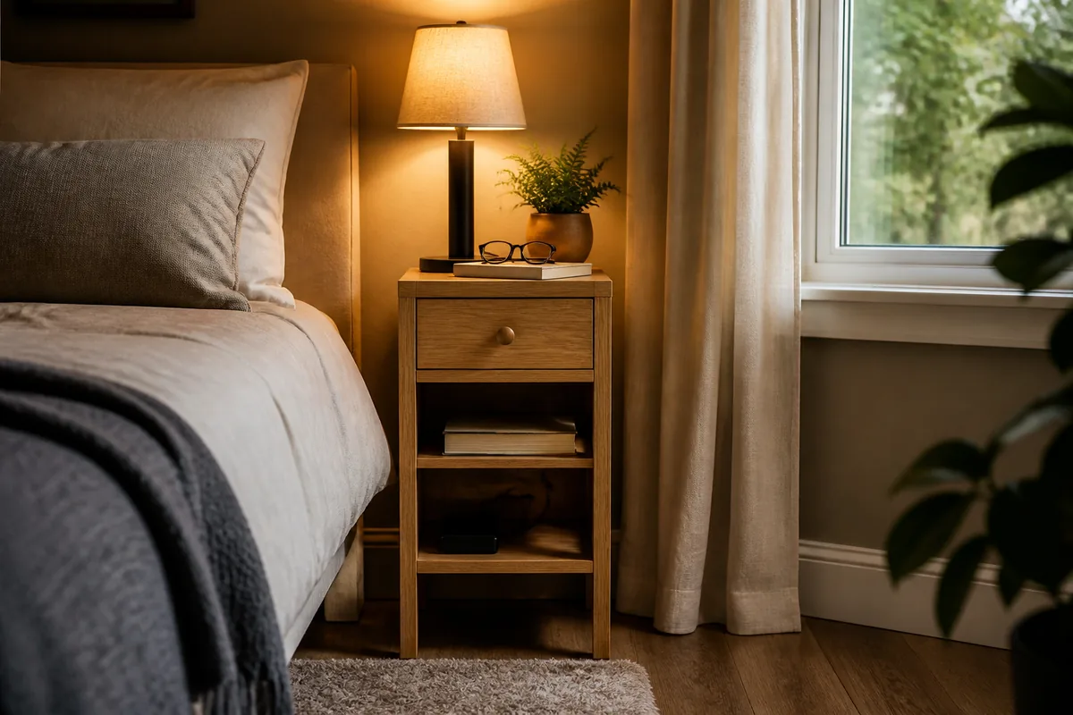 Slim oak nightstand with lamp, book, and glasses beside a compact bed