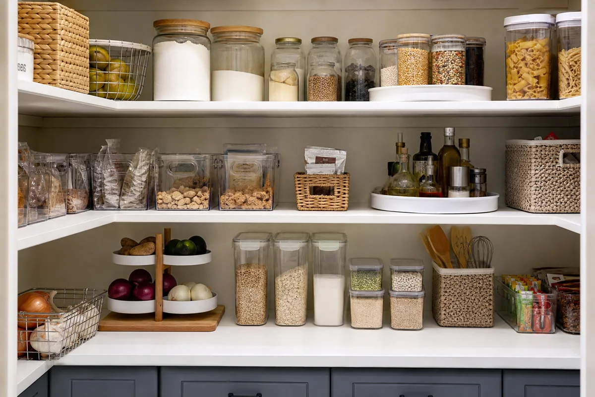 Compact pantry with clear bins, baskets, turntable, and everyday groceries