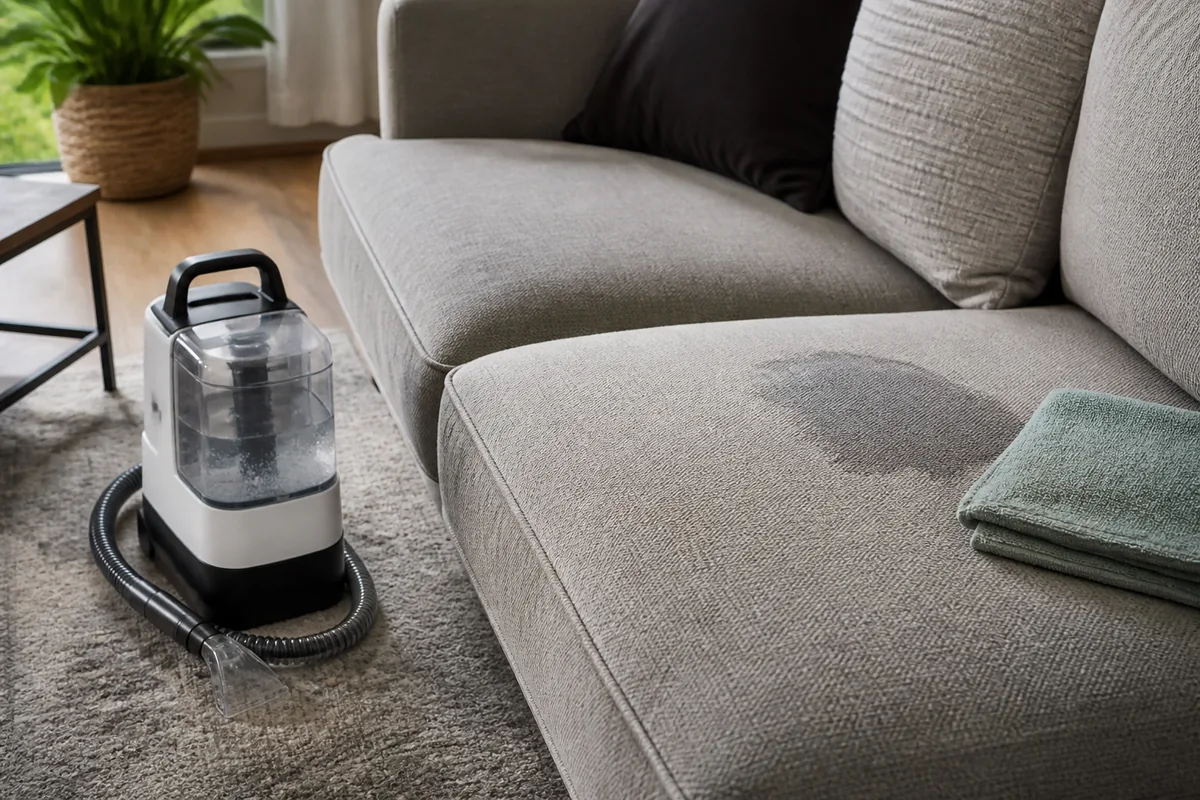 Compact upholstery cleaner beside a fabric sofa after treating a small spill