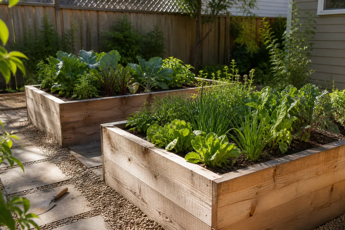 Cedar raised beds with vegetables and herbs in a modest backyard