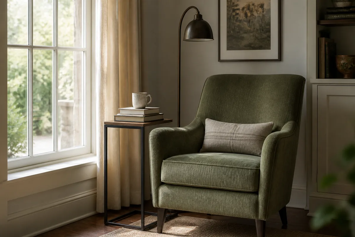 Moss green accent chair with floor lamp and books beside a tall window