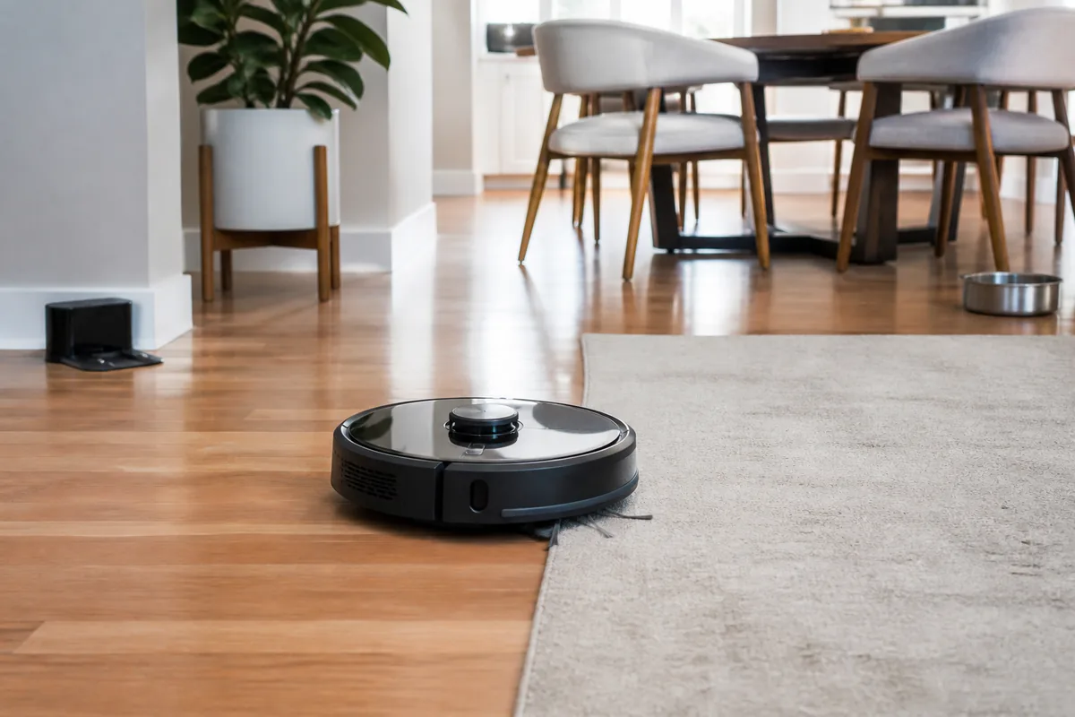Round robot vacuum moving from hard floor toward a low-pile rug in a lived-in home