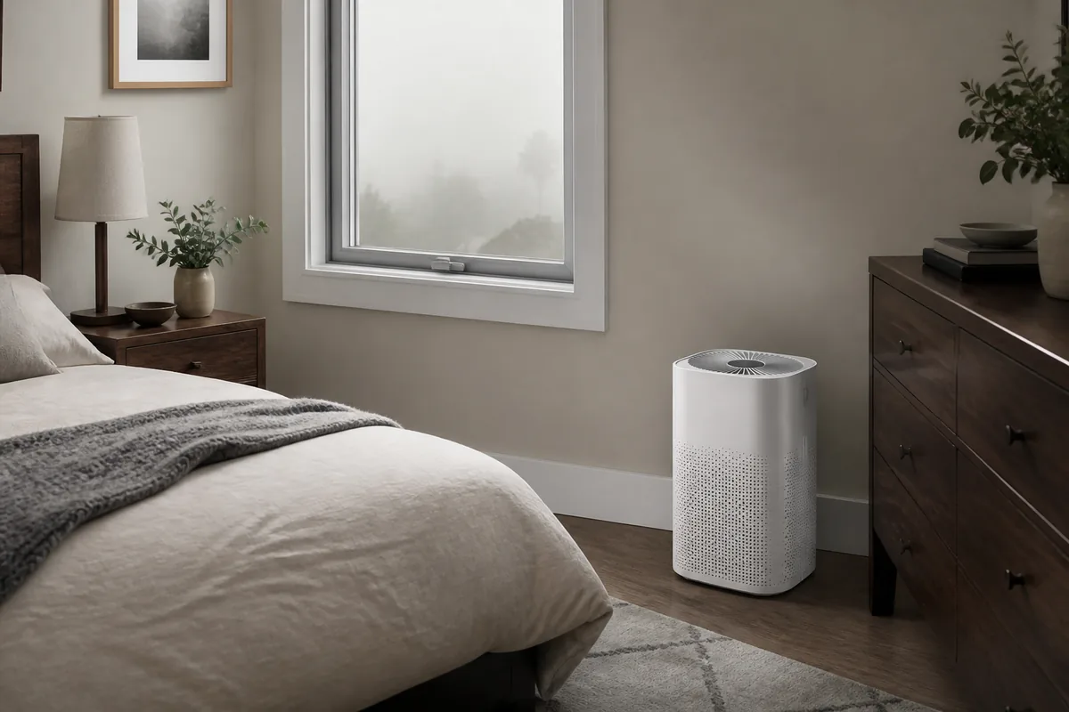 Compact white air purifier with clear airflow space in a calm bedroom