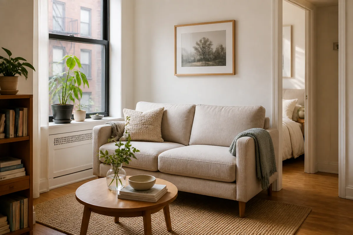 Oatmeal loveseat and round coffee table in a sunlit small apartment living room