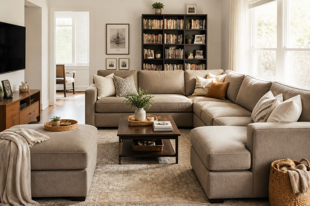 Taupe sectional and ottoman arranged with open traffic flow in a family living room