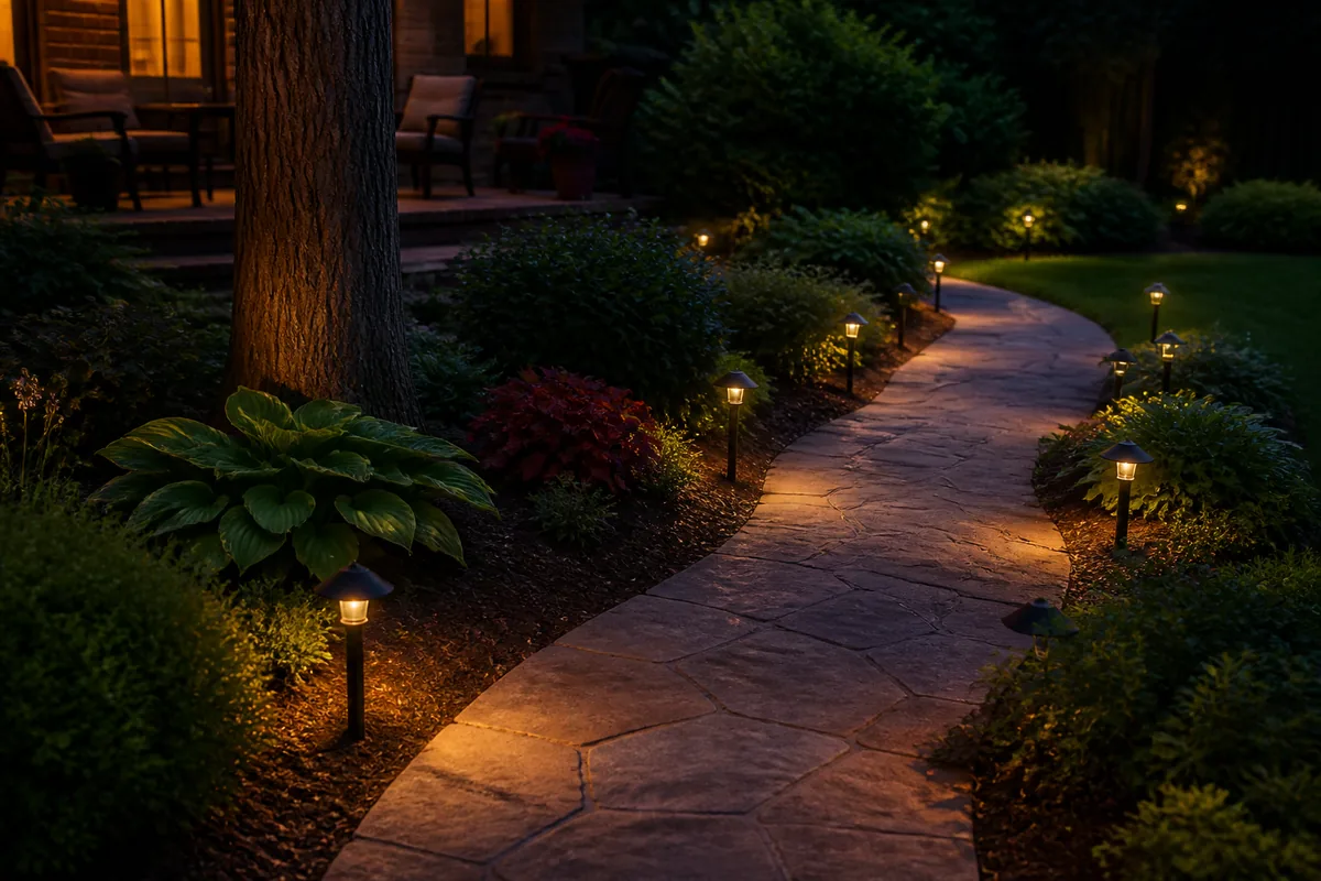 Warm solar path lights along a garden walkway at blue hour