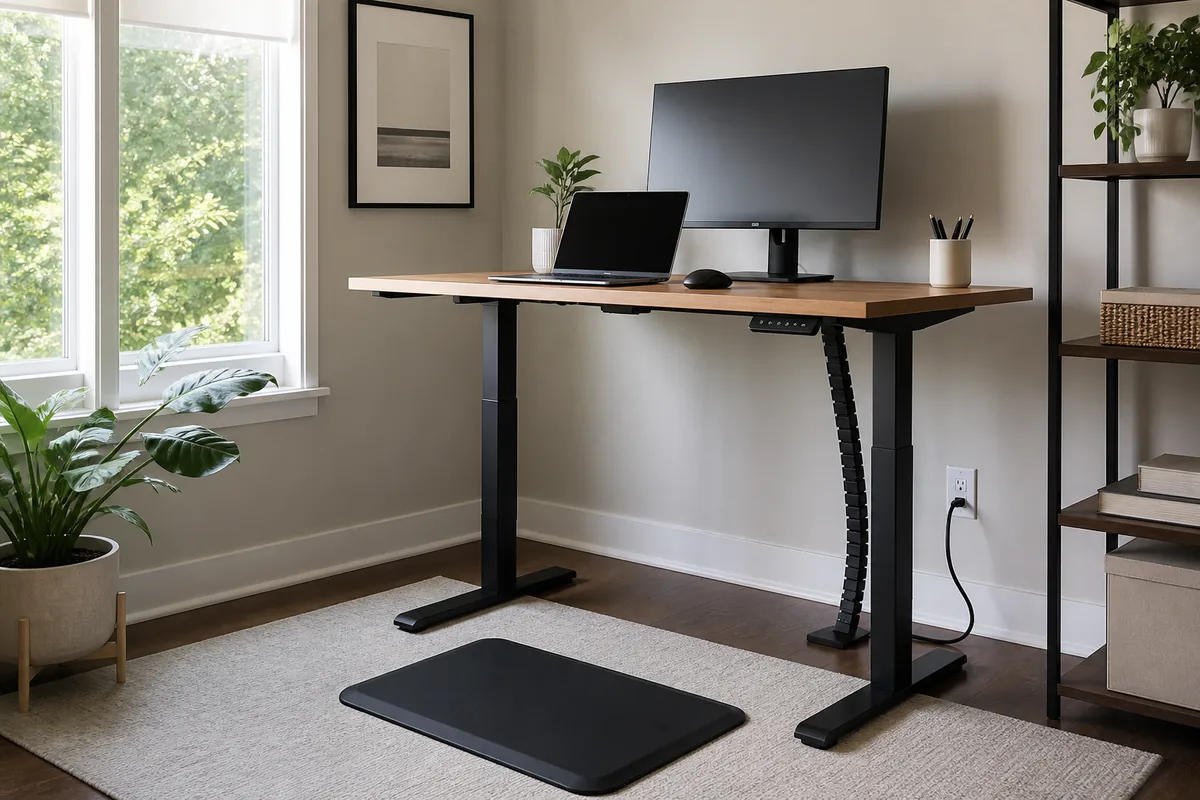 Wood-top standing desk with monitor and mat in a bright spare-room office