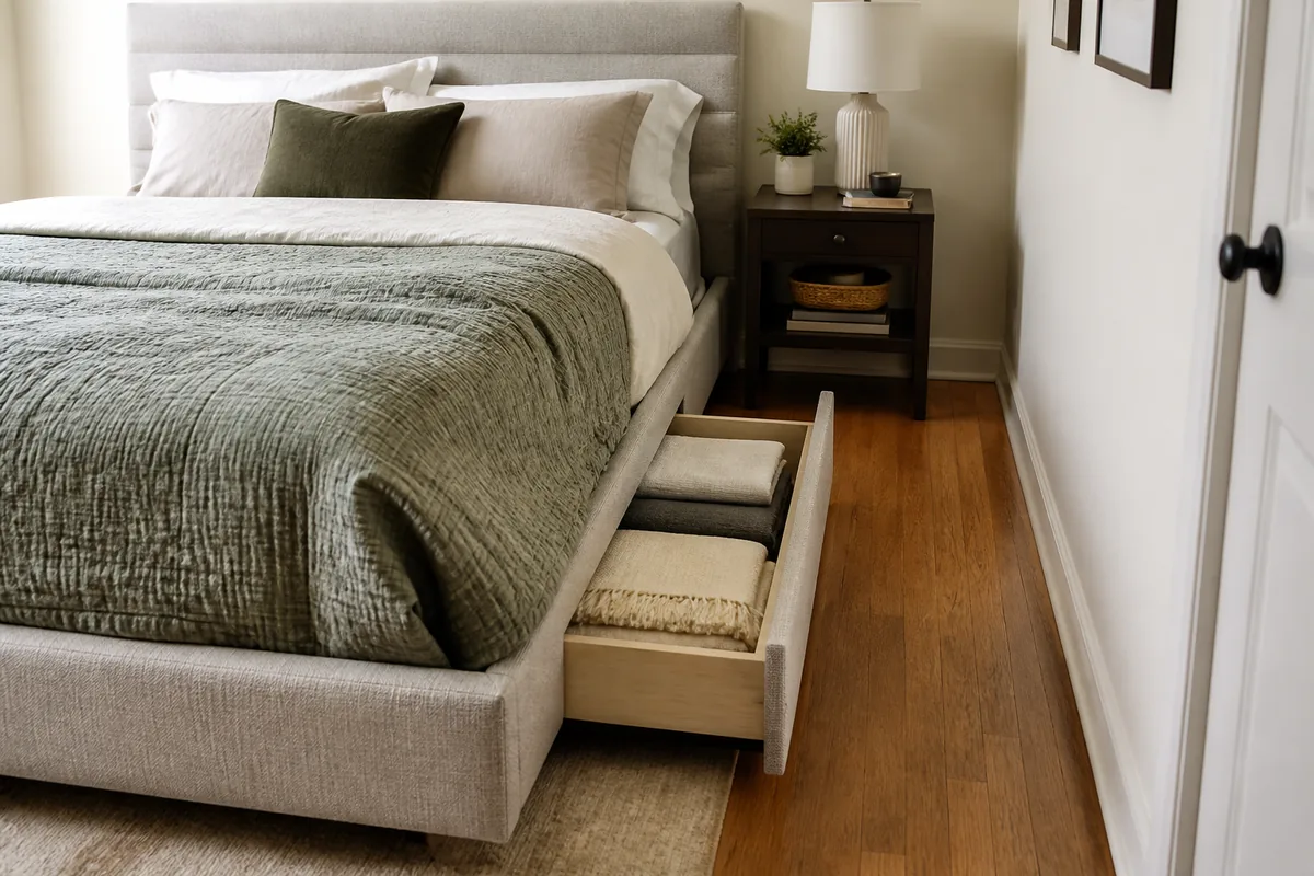 Upholstered storage bed with an open drawer holding folded linens