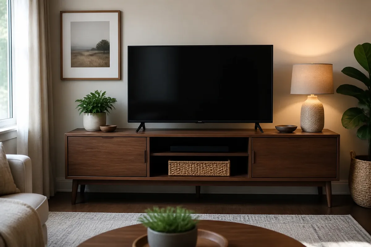 Walnut media console with television and discreet cable routing in a lived-in room