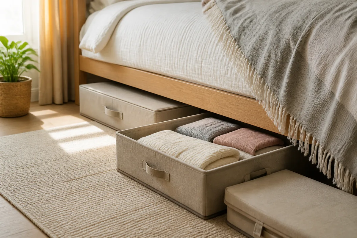 Lidded fabric storage boxes sliding beneath a wood bed frame