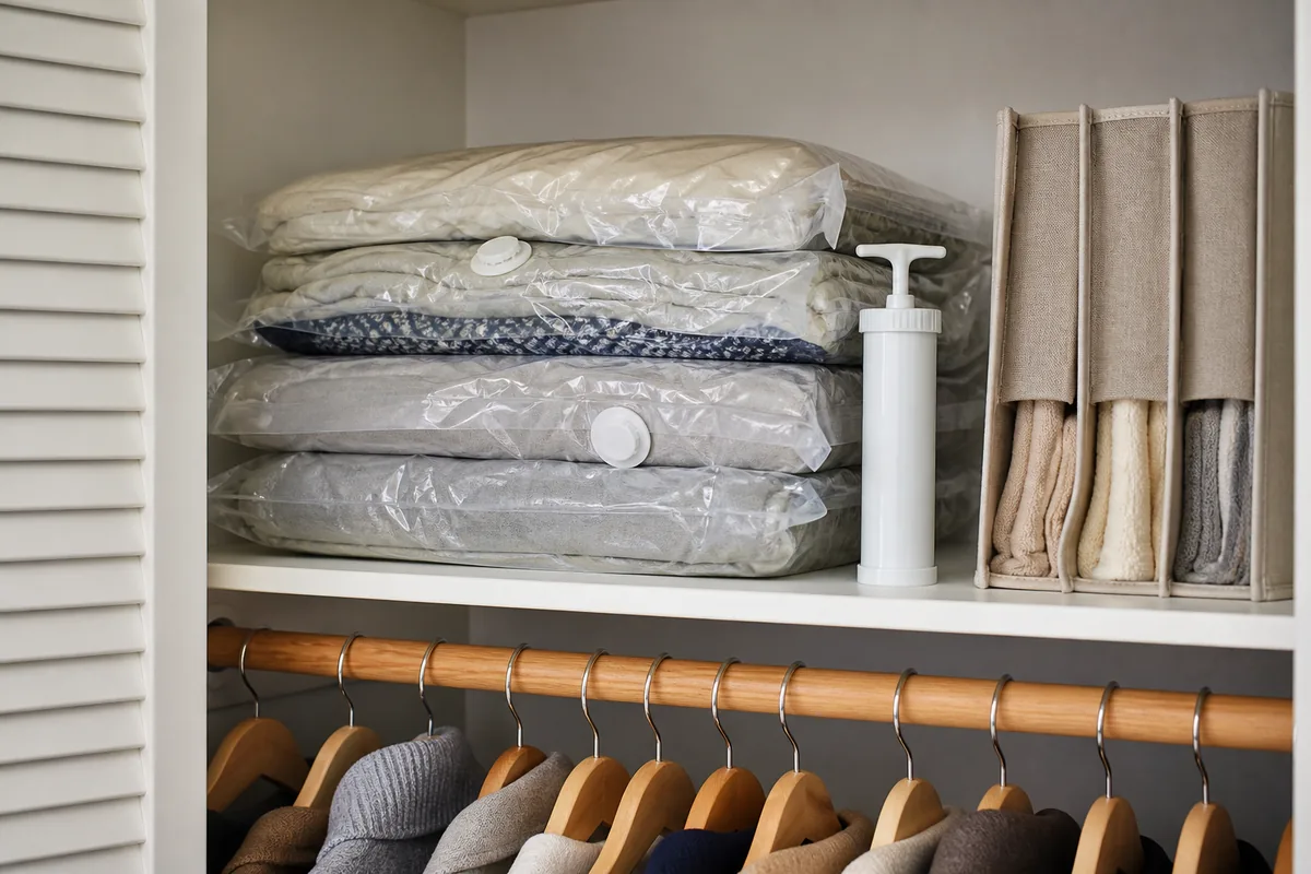 Vacuum storage bags with folded winter bedding on a closet shelf