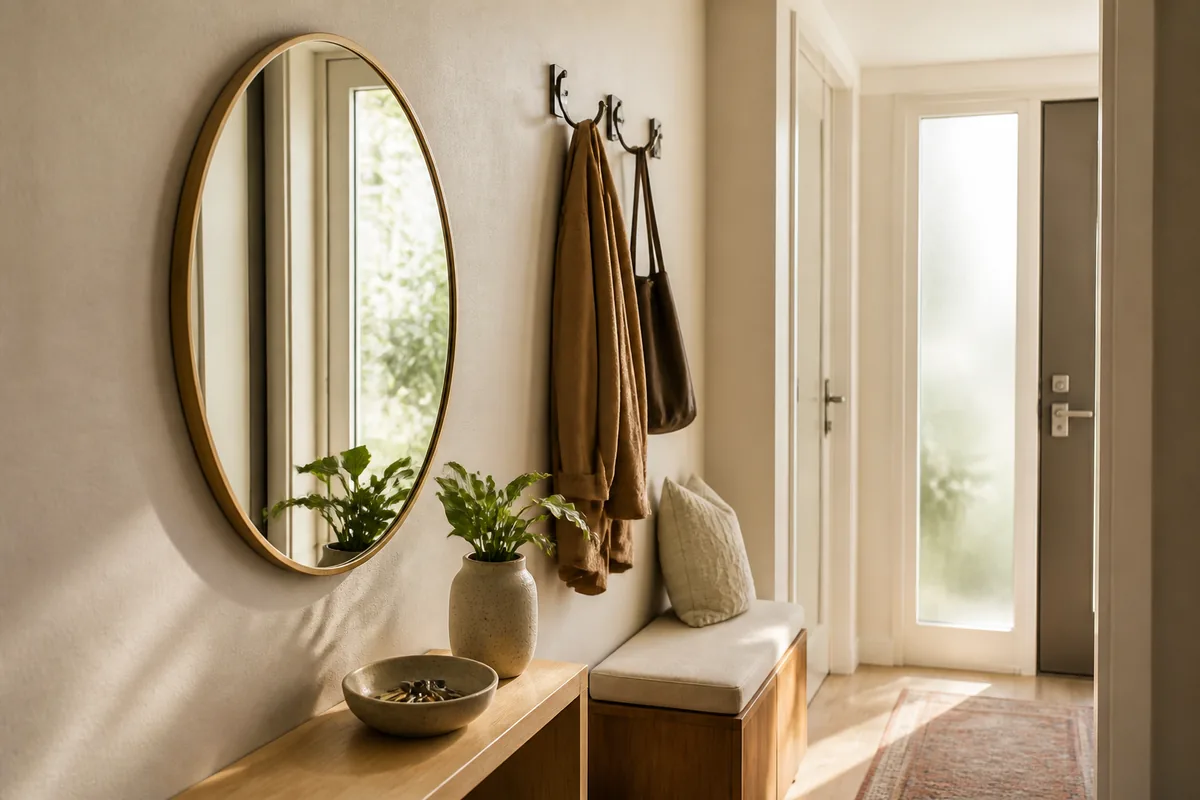 Rounded wall mirror above a small bench in a narrow apartment entry